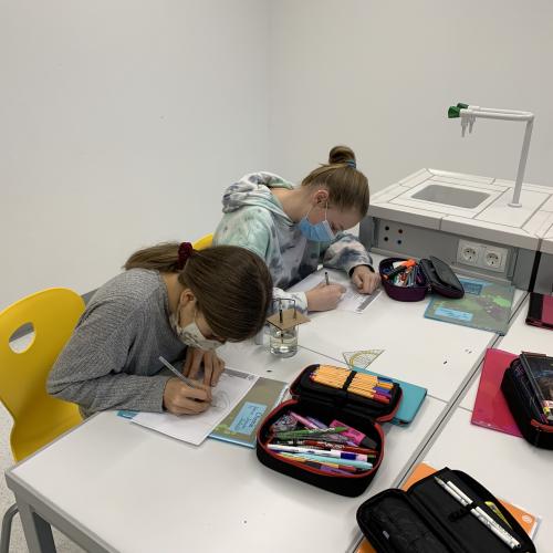 Schülerinnen und Schüler beim Protokollieren von Ergebnissen