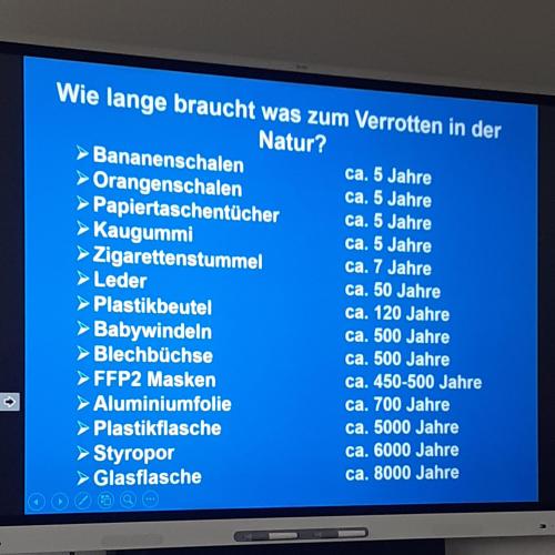 Bildschirmpräsentation zur Verrottungsdauer von Müll in der Natur